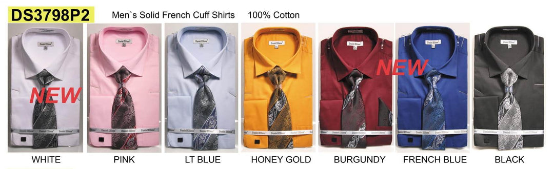 Pure Cotton Solid French Cuff Dress Shirt with Tie and Pocket Square-Men's Dress Shirts-ABC Fashion