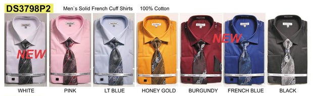 Pure Cotton Solid French Cuff Dress Shirt with Tie and Pocket Square-Men's Dress Shirts-ABC Fashion