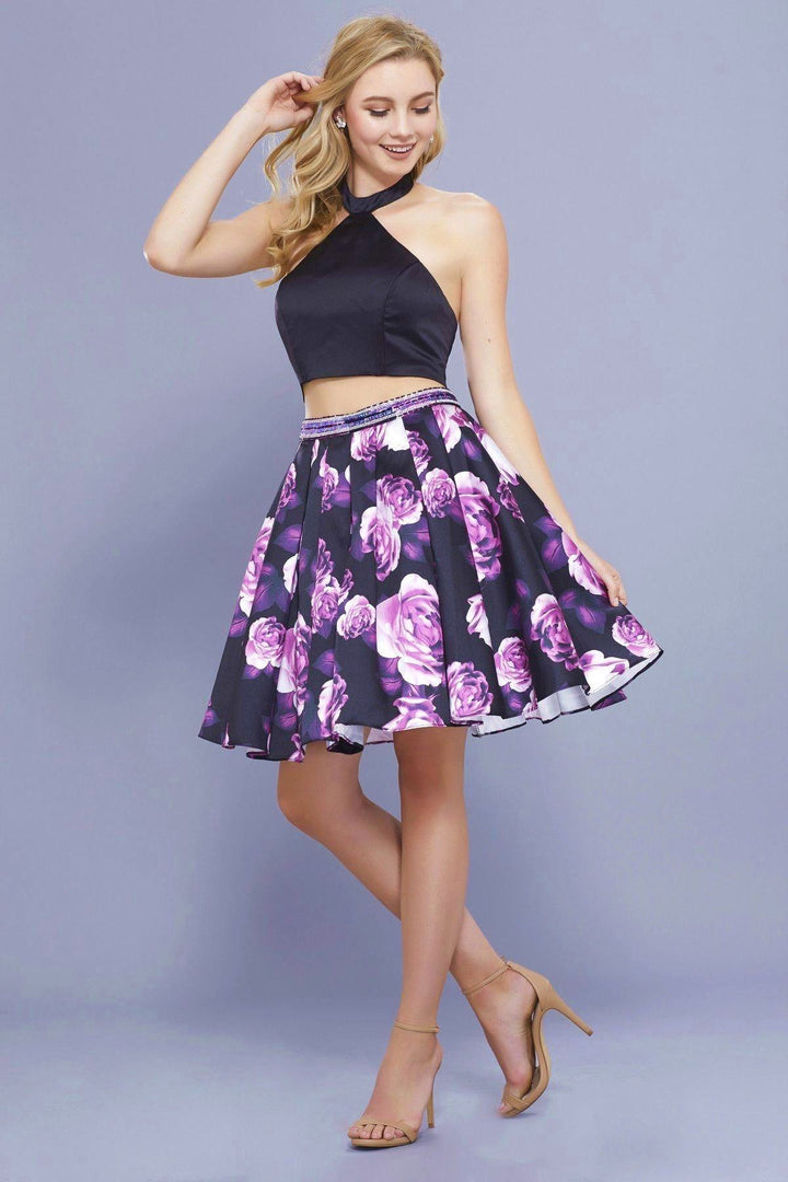 Purple Floral Print Short Two Piece Dress by Nox Anabel 6347-Short Cocktail Dresses-ABC Fashion