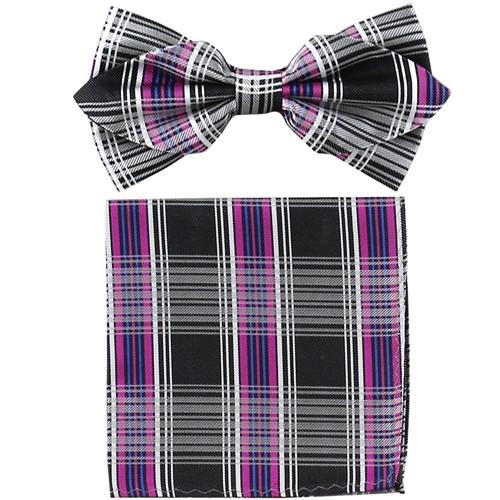 Purple Plaid Bow Tie with Pocket Square (Pointed Tip)-Men's Bow Ties-ABC Fashion