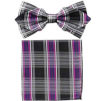 Purple Plaid Bow Tie with Pocket Square (Pointed Tip)-Men's Bow Ties-ABC Fashion