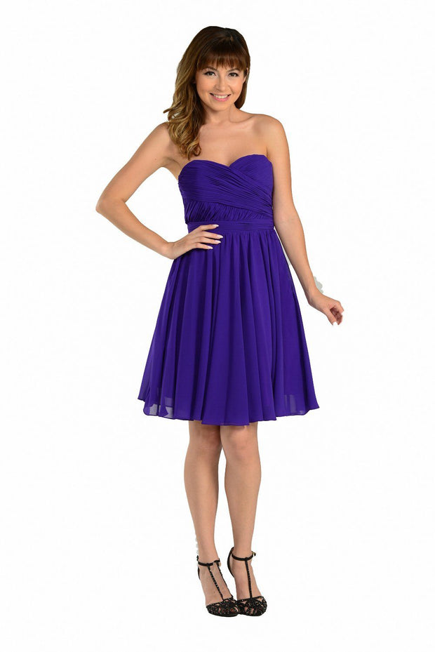 Purple Ruched Short Strapless Sweetheart Dress by Poly USA-Short Cocktail Dresses-ABC Fashion