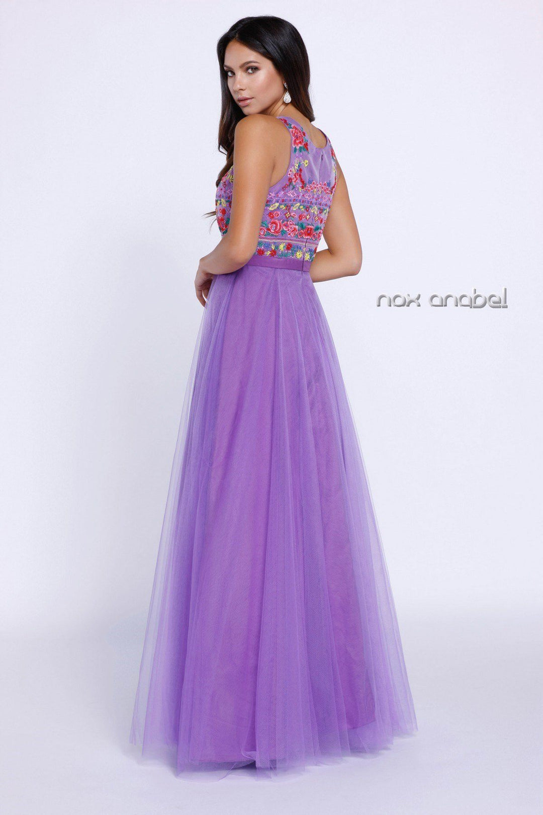 Purple Sleeveless Dress with Floral Embroidery by Nox Anabel 8263-Long Formal Dresses-ABC Fashion
