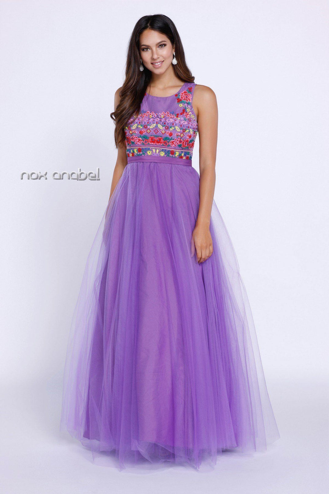 Purple Sleeveless Dress with Floral Embroidery by Nox Anabel 8263-Long Formal Dresses-ABC Fashion