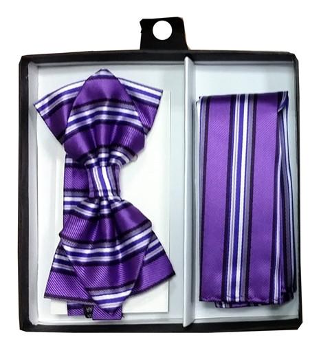 Purple Striped Bow Tie with Pocket Square (Pointed Tip)-Men's Bow Ties-ABC Fashion