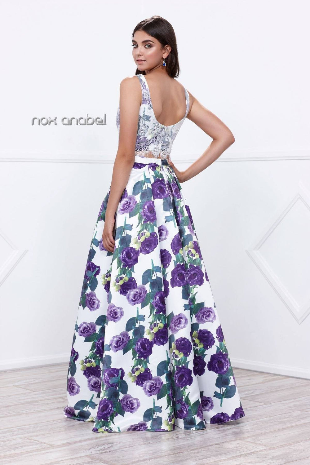 Purple Two-Piece Crop Top Floral Print Dress by Nox Anabel 8316-Long Formal Dresses-ABC Fashion