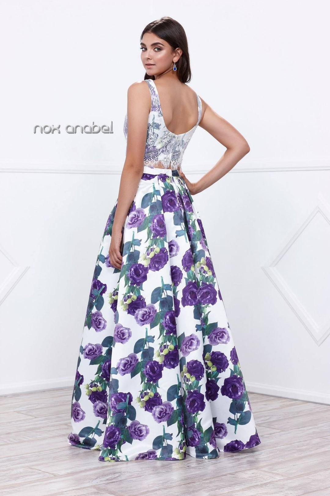 Purple Two-Piece Crop Top Floral Print Dress by Nox Anabel 8316-Long Formal Dresses-ABC Fashion