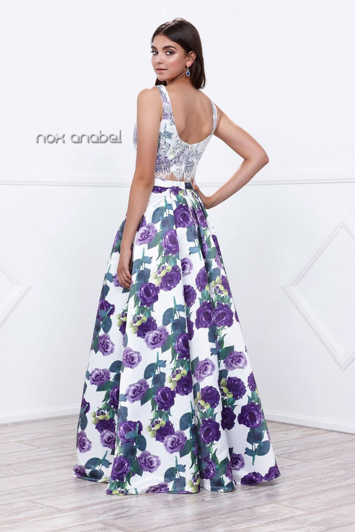 Purple Two-Piece Crop Top Floral Print Dress by Nox Anabel 8316-Long Formal Dresses-ABC Fashion