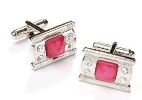 Rectangle Silver Cufflinks with Pink Stone and Crystals-Men's Cufflinks-ABC Fashion