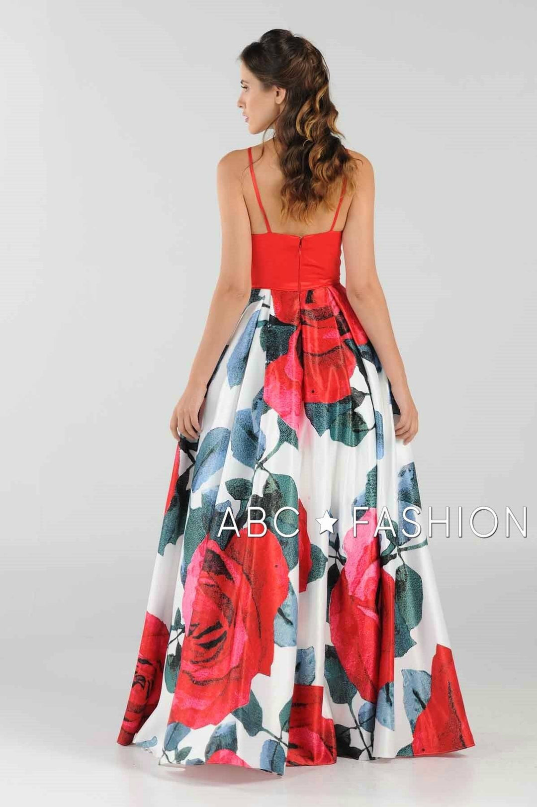 Red Floral Print Long Dress with Side Pockets by Poly USA 8274-Long Formal Dresses-ABC Fashion