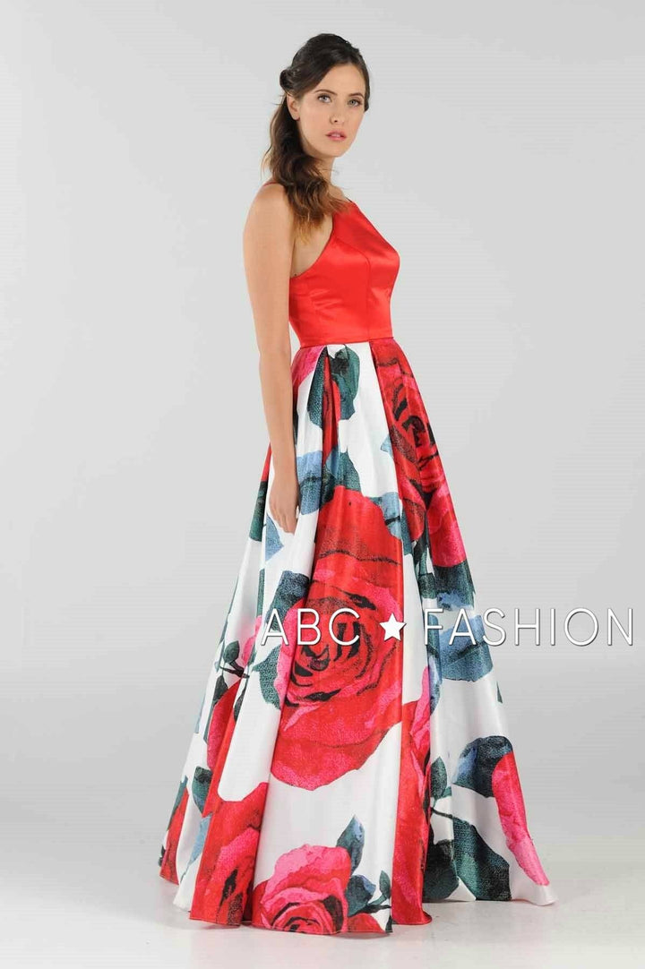 Red Floral Print Long Dress with Side Pockets by Poly USA 8274-Long Formal Dresses-ABC Fashion