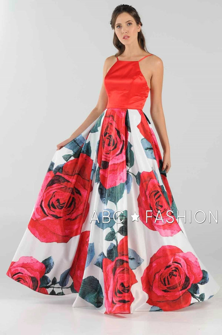 Red Floral Print Long Dress with Side Pockets by Poly USA 8274-Long Formal Dresses-ABC Fashion