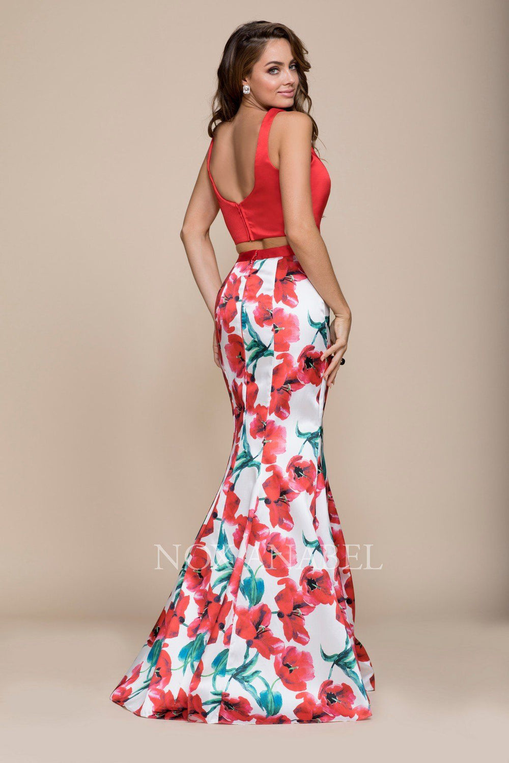 Red Floral Print Long Two-Piece Dress by Nox Anabel 8313-Long Formal Dresses-ABC Fashion