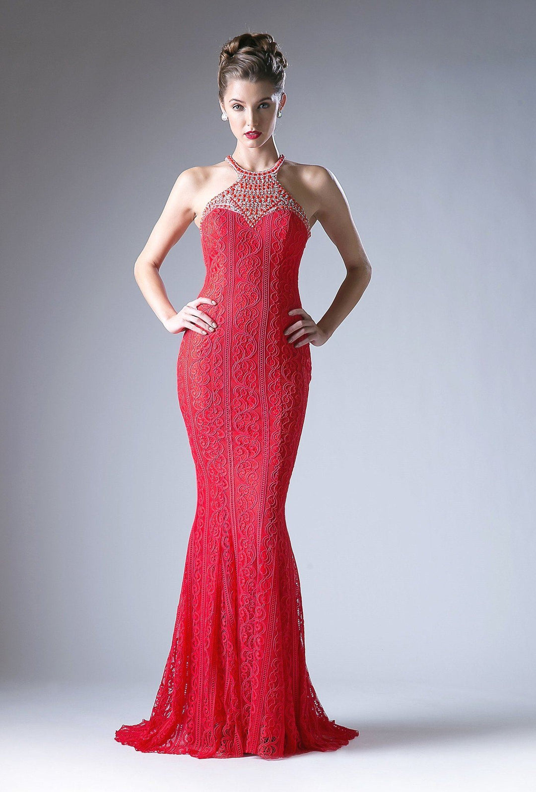 Red Halter Lace Dress with Beaded Top by Cinderella Divine 13729-Long Formal Dresses-ABC Fashion