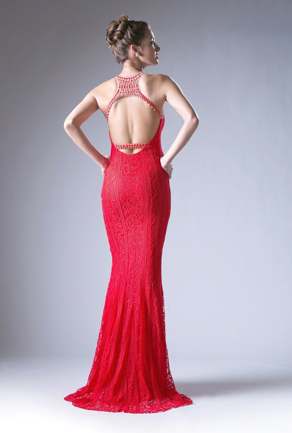 Red Halter Lace Dress with Beaded Top by Cinderella Divine 13729-Long Formal Dresses-ABC Fashion