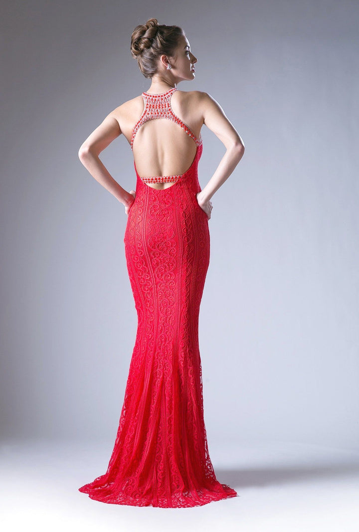 Red Halter Lace Dress with Beaded Top by Cinderella Divine 13729-Long Formal Dresses-ABC Fashion