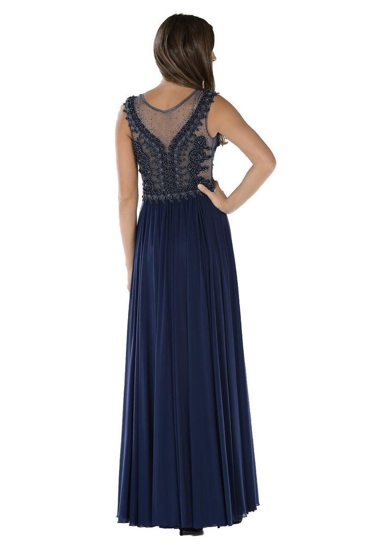 Red Long Illusion Dress with Beaded Bodice by Poly USA-Long Formal Dresses-ABC Fashion