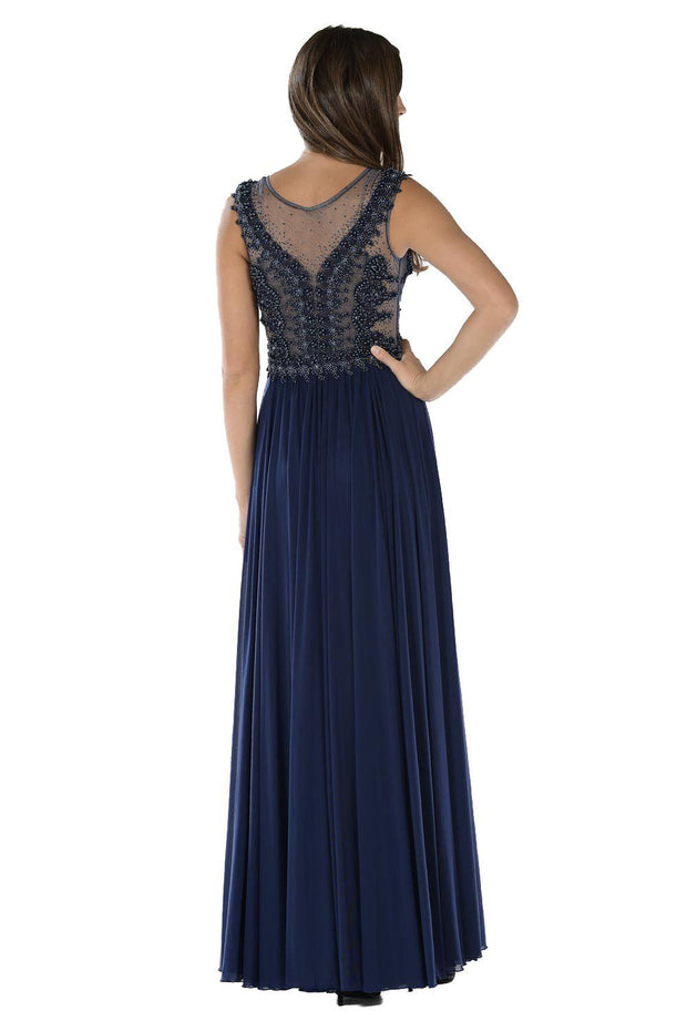 Red Long Illusion Dress with Beaded Bodice by Poly USA-Long Formal Dresses-ABC Fashion