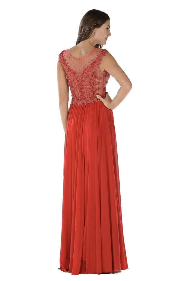 Red Long Illusion Dress with Beaded Bodice by Poly USA-Long Formal Dresses-ABC Fashion