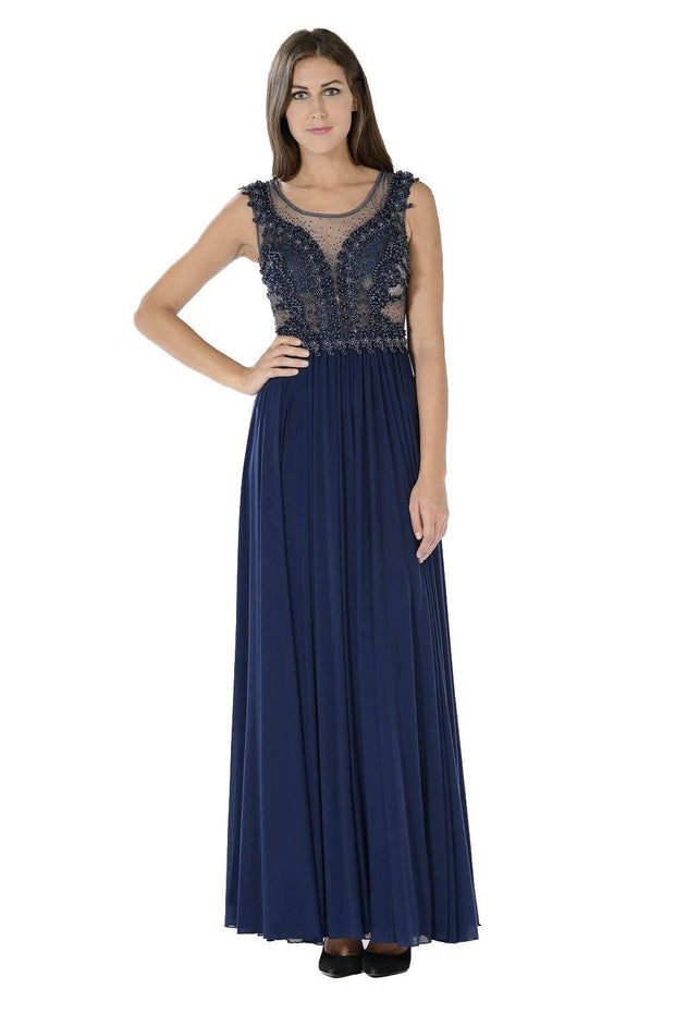 Red Long Illusion Dress with Beaded Bodice by Poly USA-Long Formal Dresses-ABC Fashion