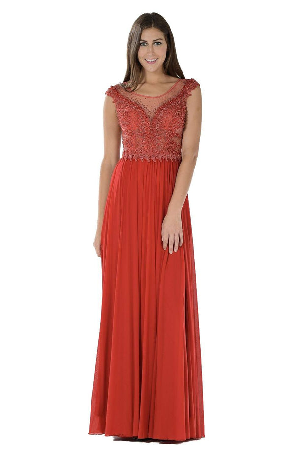 Red Long Illusion Dress with Beaded Bodice by Poly USA-Long Formal Dresses-ABC Fashion