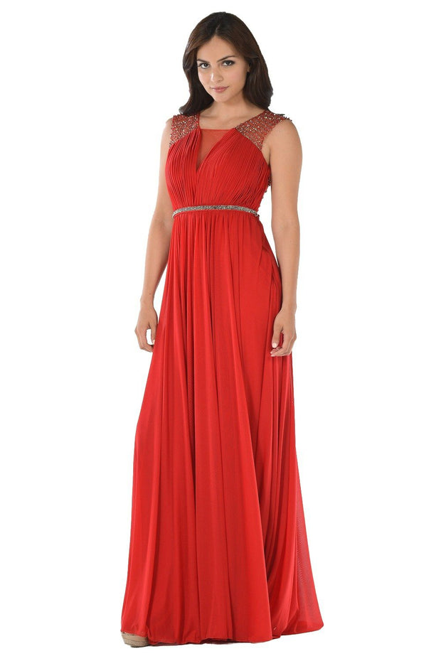 Red Long Ruched Dress with Beaded Sheer Back by Poly USA-Long Formal Dresses-ABC Fashion