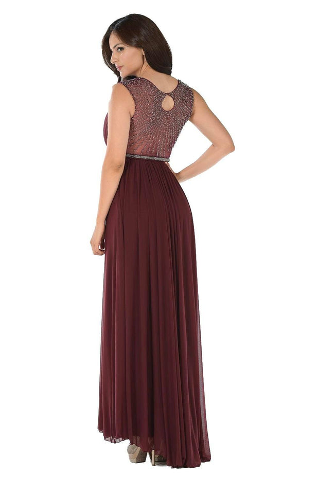 Red Long Ruched Dress with Beaded Sheer Back by Poly USA-Long Formal Dresses-ABC Fashion