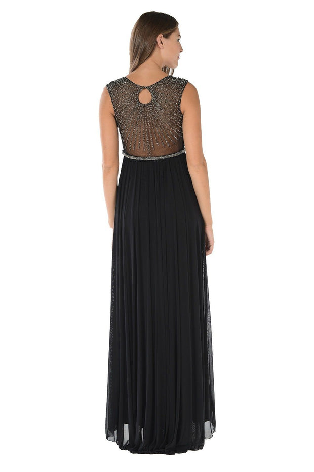 Red Long Ruched Dress with Beaded Sheer Back by Poly USA-Long Formal Dresses-ABC Fashion