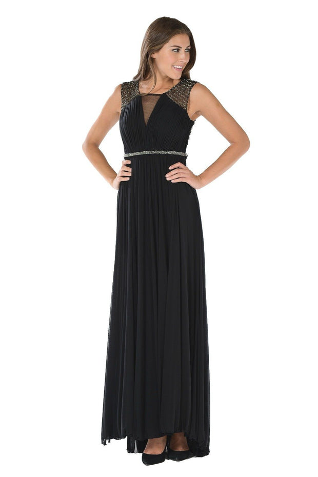 Red Long Ruched Dress with Beaded Sheer Back by Poly USA-Long Formal Dresses-ABC Fashion
