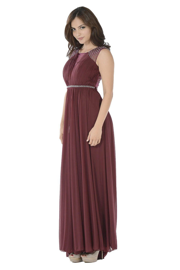 Red Long Ruched Dress with Beaded Sheer Back by Poly USA-Long Formal Dresses-ABC Fashion