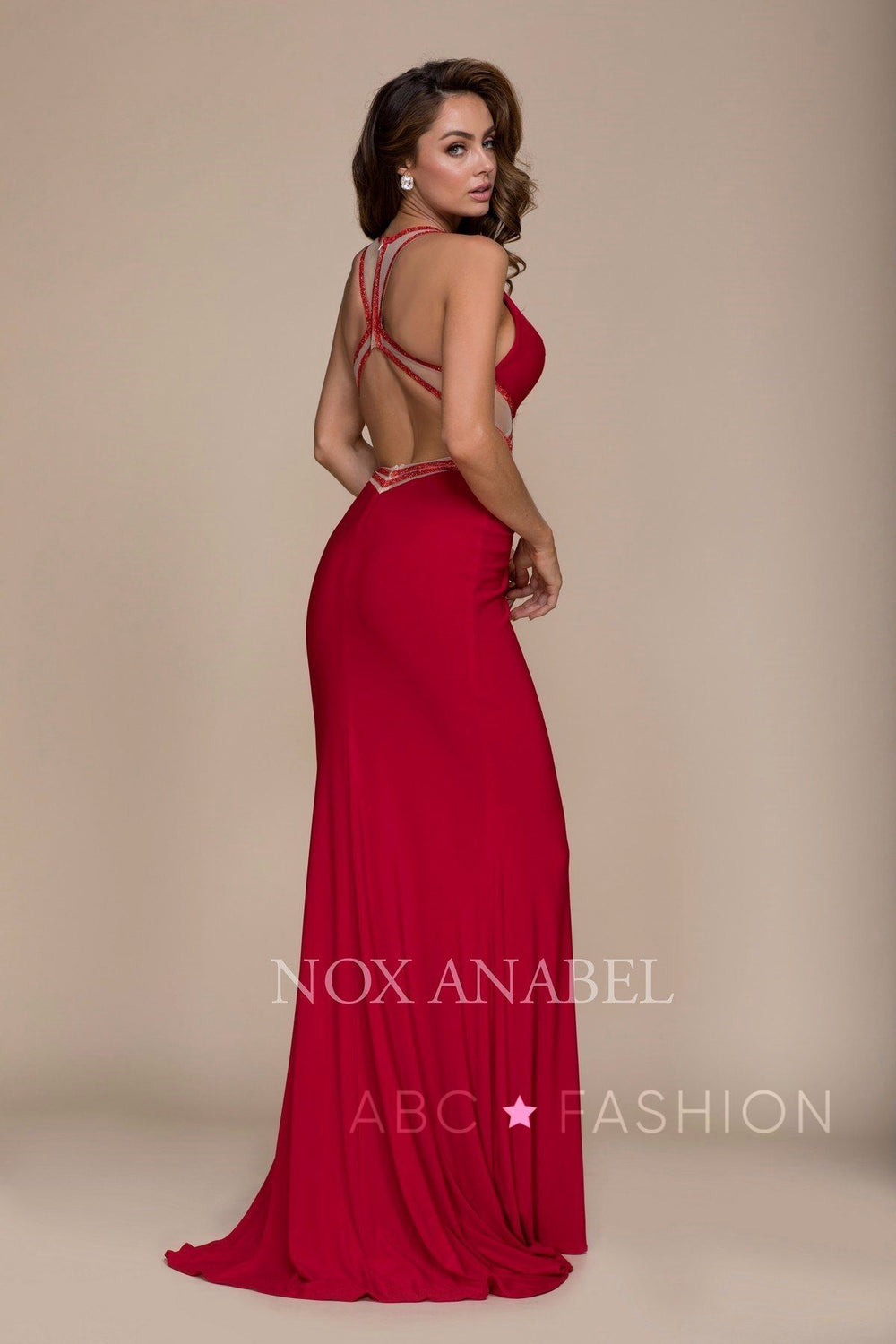 Red Long V-Neck Dress with Sheer Cutouts by Nox Anabel E037-Long Formal Dresses-ABC Fashion