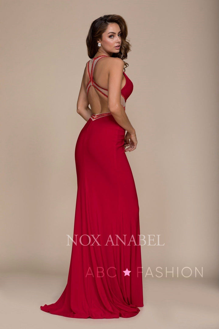 Red Long V-Neck Dress with Sheer Cutouts by Nox Anabel E037-Long Formal Dresses-ABC Fashion