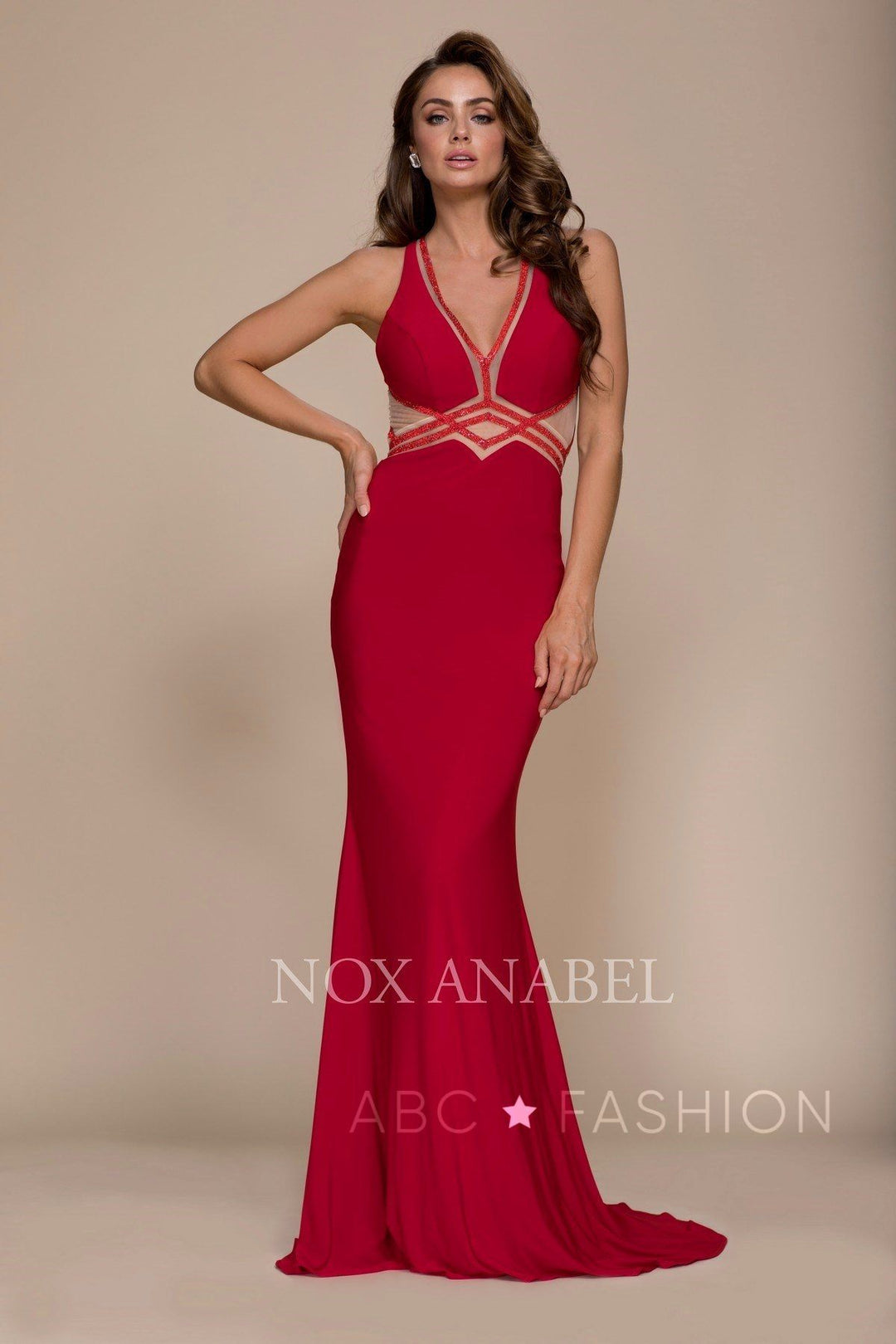 Red Long V-Neck Dress with Sheer Cutouts by Nox Anabel E037-Long Formal Dresses-ABC Fashion