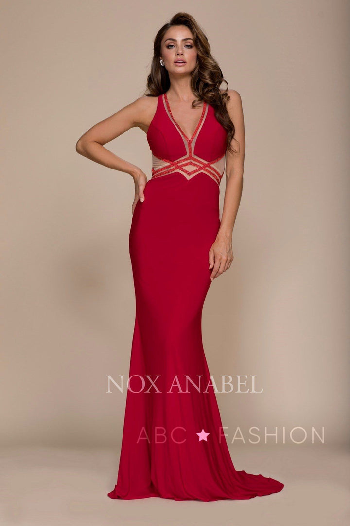 Red Long V-Neck Dress with Sheer Cutouts by Nox Anabel E037-Long Formal Dresses-ABC Fashion