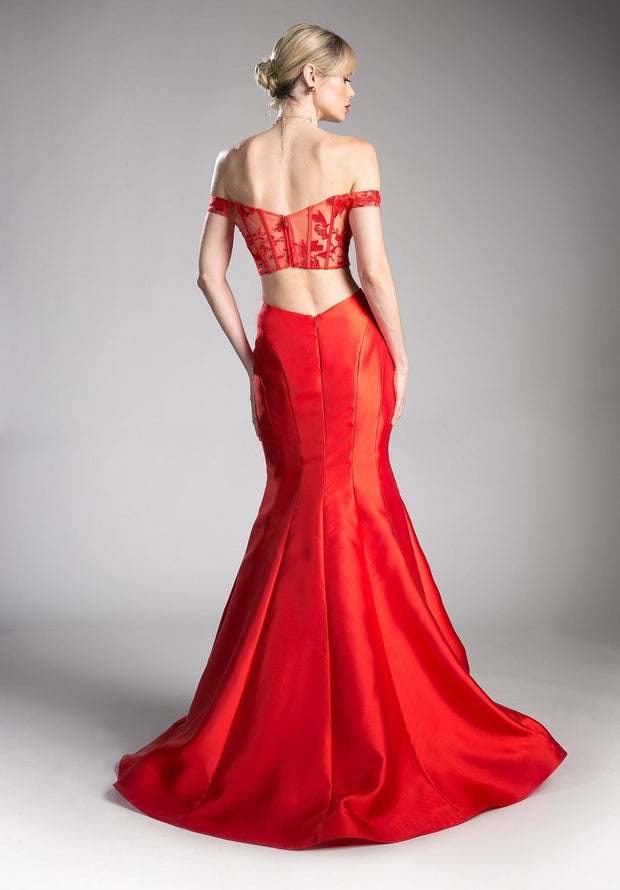 Red Off the Shoulder Mermaid Dress by Cinderella Divine JS0404-Long Formal Dresses-ABC Fashion