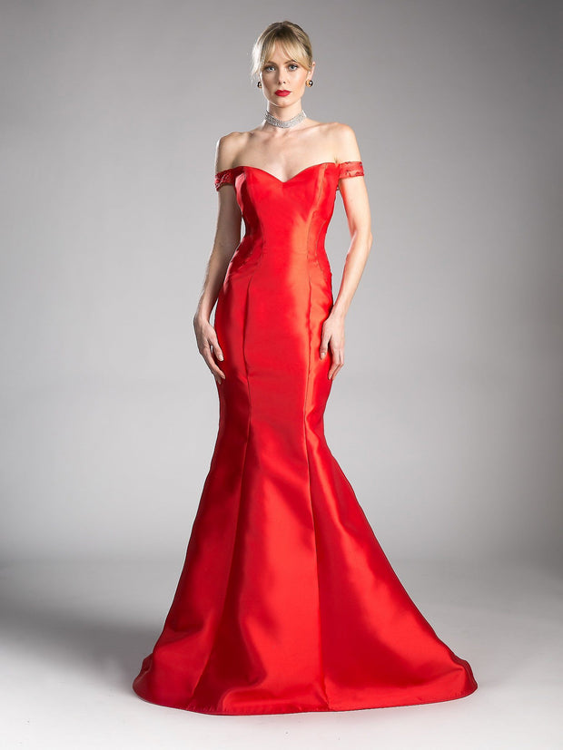 Red Off the Shoulder Mermaid Dress by Cinderella Divine JS0404-Long Formal Dresses-ABC Fashion