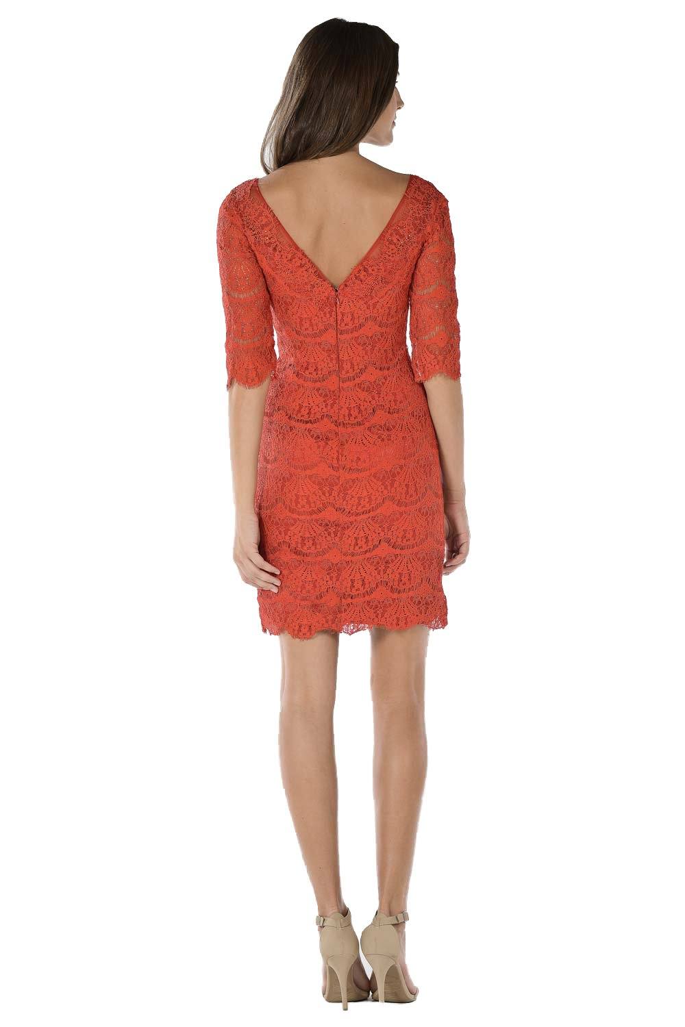 Red Short Bodycon Lace Dress with Mid-Sleeves by Poly USA-Short Cocktail Dresses-ABC Fashion