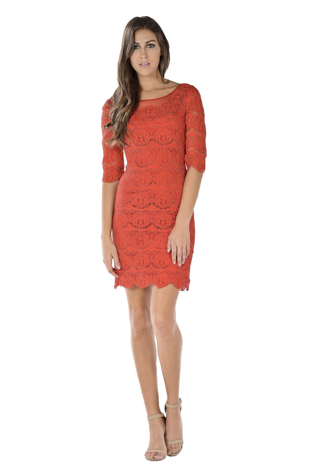 Red Short Bodycon Lace Dress with Mid-Sleeves by Poly USA-Short Cocktail Dresses-ABC Fashion