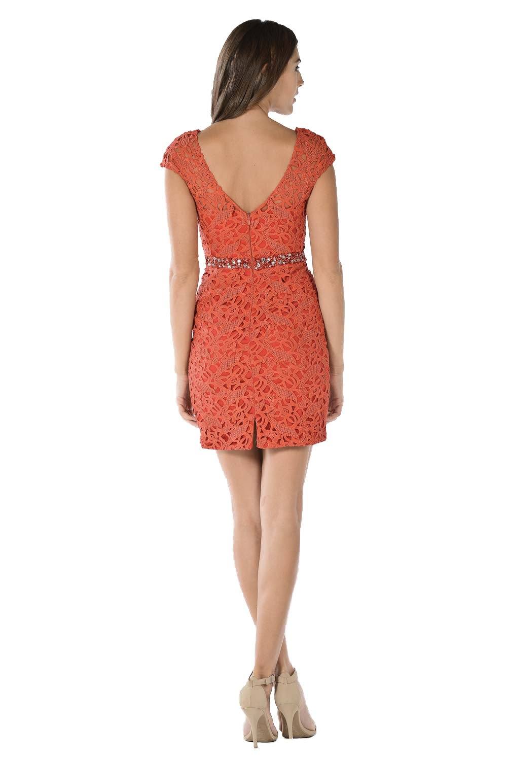 Red Short Cap Sleeve Lace Dress with Beaded Waist by Poly USA-Short Cocktail Dresses-ABC Fashion