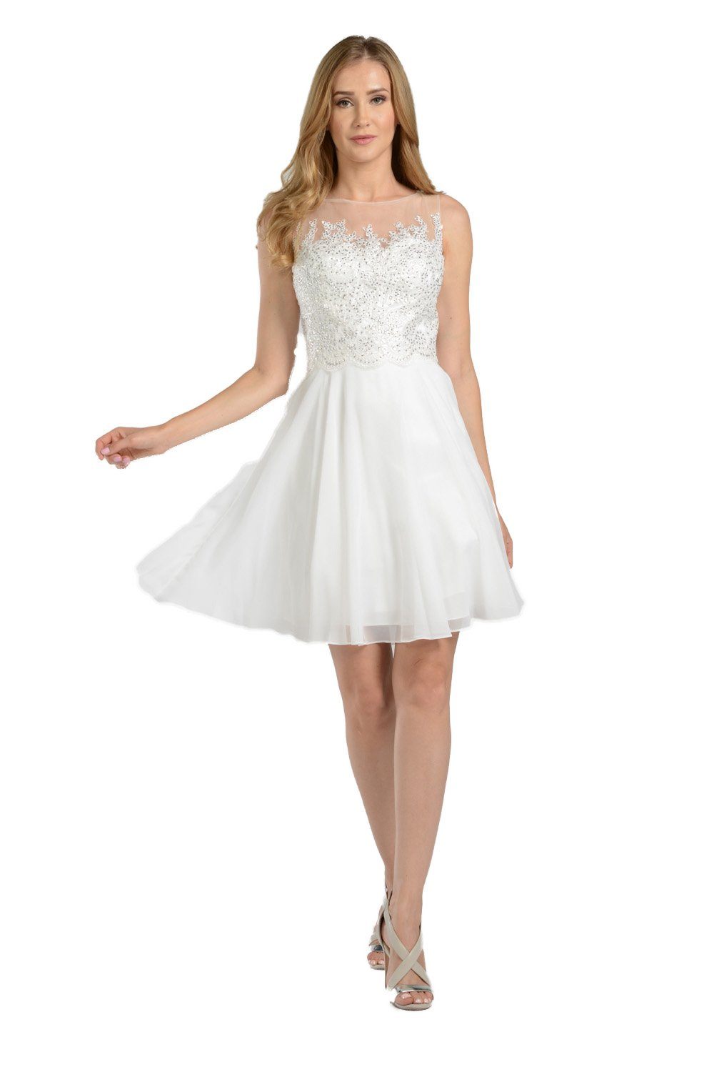 Red Short Chiffon Dress with Lace Applique Bodice by Poly USA-Short Cocktail Dresses-ABC Fashion