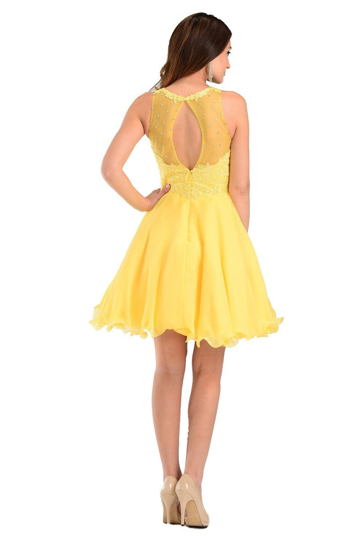 Red Short Chiffon Dress with Lace Applique Top by Poly USA-Short Cocktail Dresses-ABC Fashion
