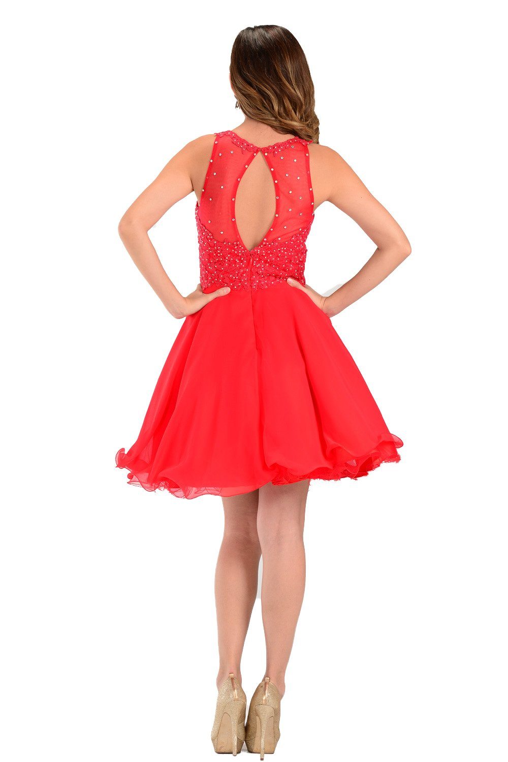 Red Short Chiffon Dress with Lace Applique Top by Poly USA-Short Cocktail Dresses-ABC Fashion