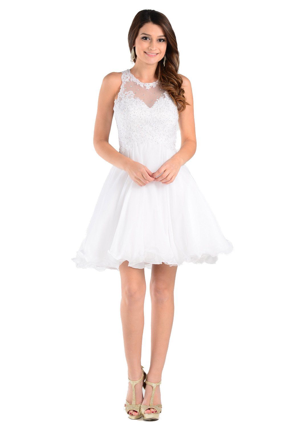 Red Short Chiffon Dress with Lace Applique Top by Poly USA-Short Cocktail Dresses-ABC Fashion