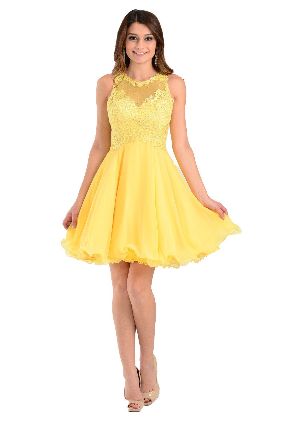 Red Short Chiffon Dress with Lace Applique Top by Poly USA-Short Cocktail Dresses-ABC Fashion