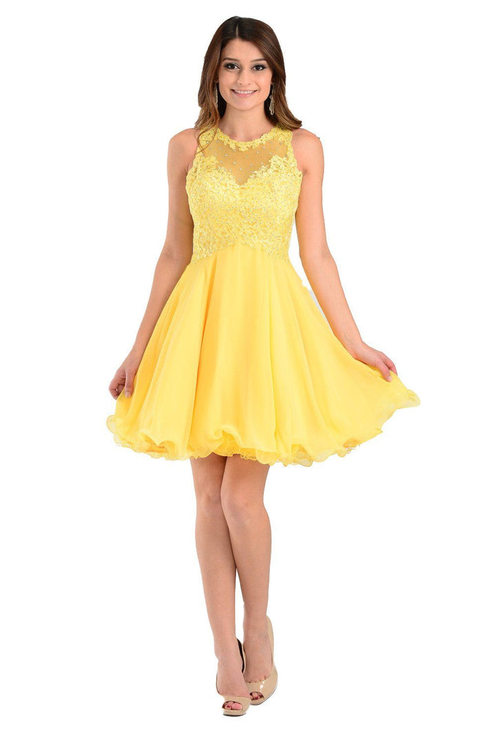Red Short Chiffon Dress with Lace Applique Top by Poly USA-Short Cocktail Dresses-ABC Fashion