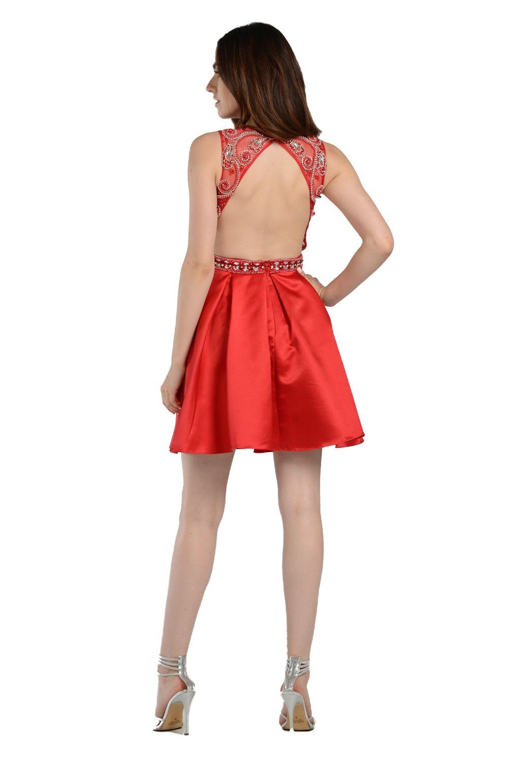 Red Short Satin Dress with Beaded Bodice by Poly USA-Short Cocktail Dresses-ABC Fashion