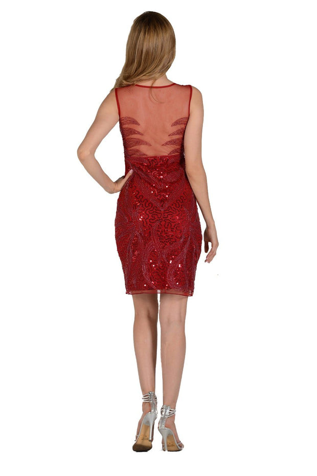 Red Short Sequined Illusion Sweetheart Dress by Poly USA-Short Cocktail Dresses-ABC Fashion