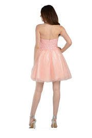 Red Short Strapless Dress with Lace Bodice by Poly USA-Short Cocktail Dresses-ABC Fashion