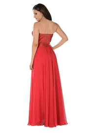 Red Strapless Sweetheart Gown with Sequined Top by Poly USA-Long Formal Dresses-ABC Fashion