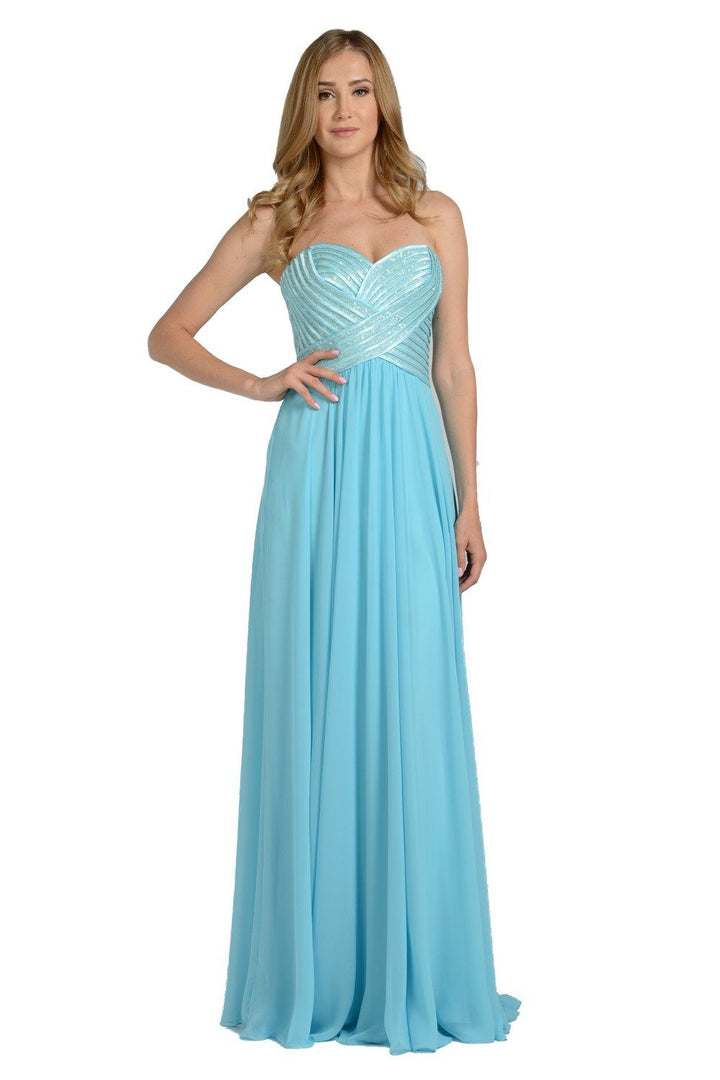 Red Strapless Sweetheart Gown with Sequined Top by Poly USA-Long Formal Dresses-ABC Fashion